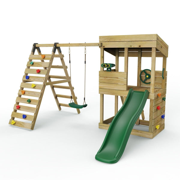 Rebo Lookout Tower Playhouse with Swing and Climbing Wall plus 6ft Slide - Crest