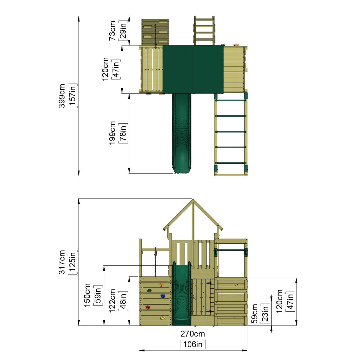 Rebo Modular Wooden Climbing Frame Playset - M21 Ramp, Den & Monkey Bars