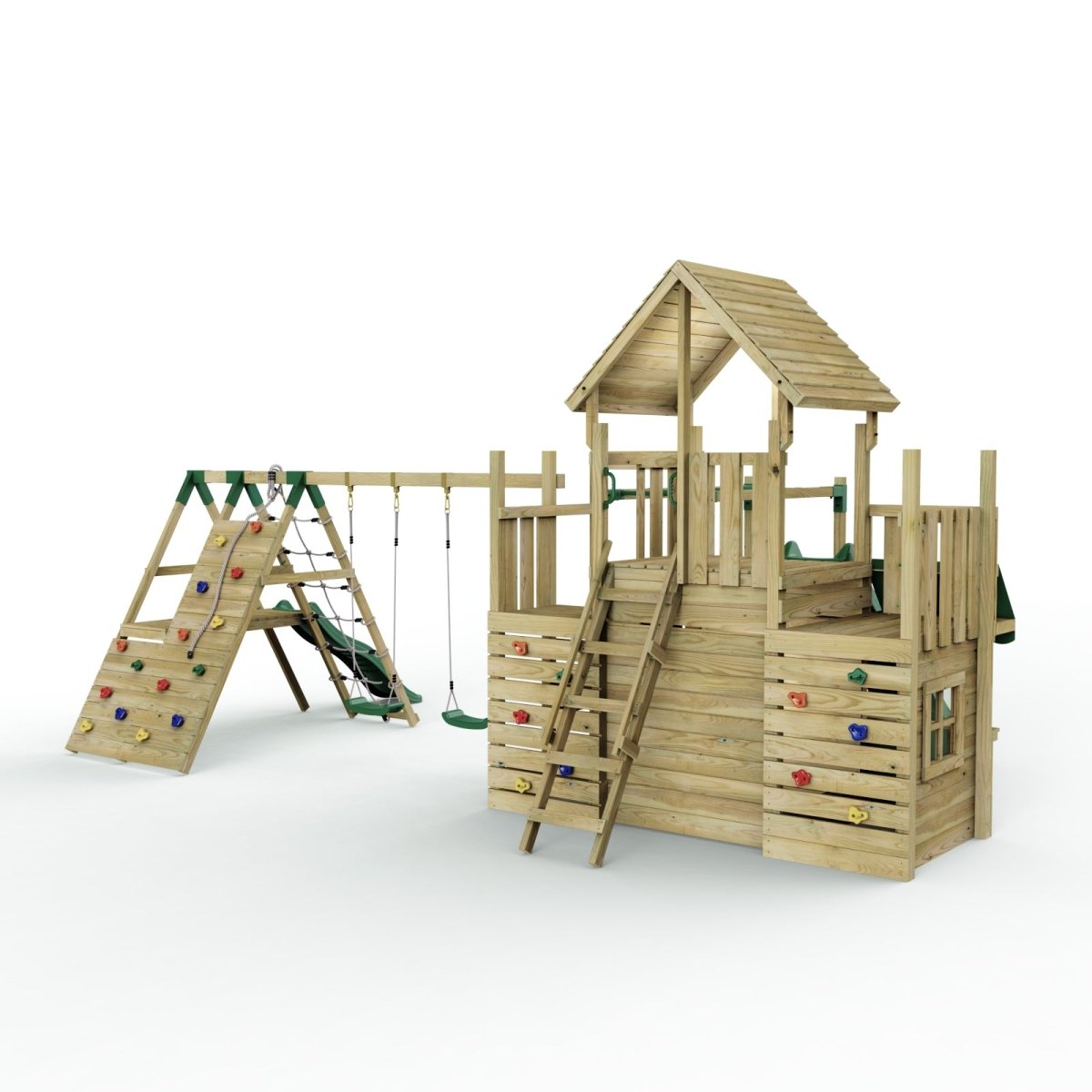 Rebo Modular Wooden Climbing Frame Playset - M27 Double Swing, Monkey Bars & Den