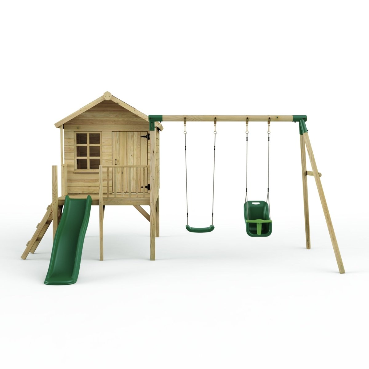 Rebo Playhouse and Double Swing Set with Slide - Luna Green