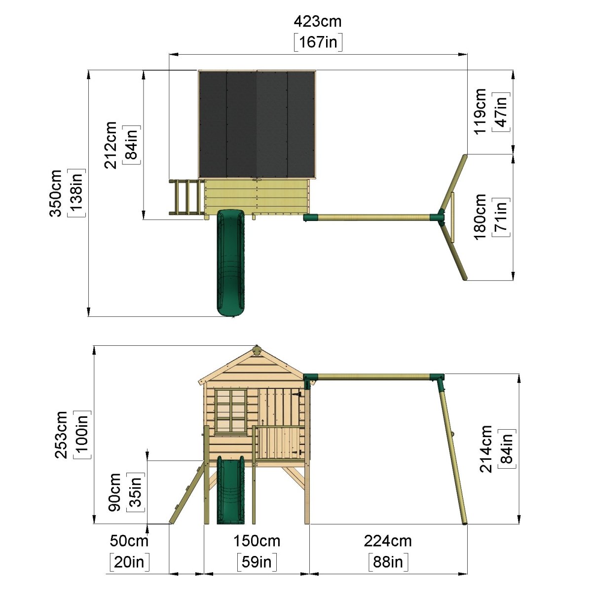 Rebo Playhouse and Double Swing Set with Slide - Luna Green