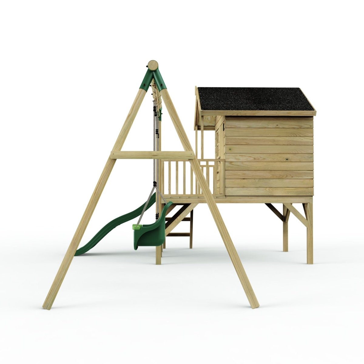 Rebo Playhouse and Double Swing Set with Slide - Luna Green