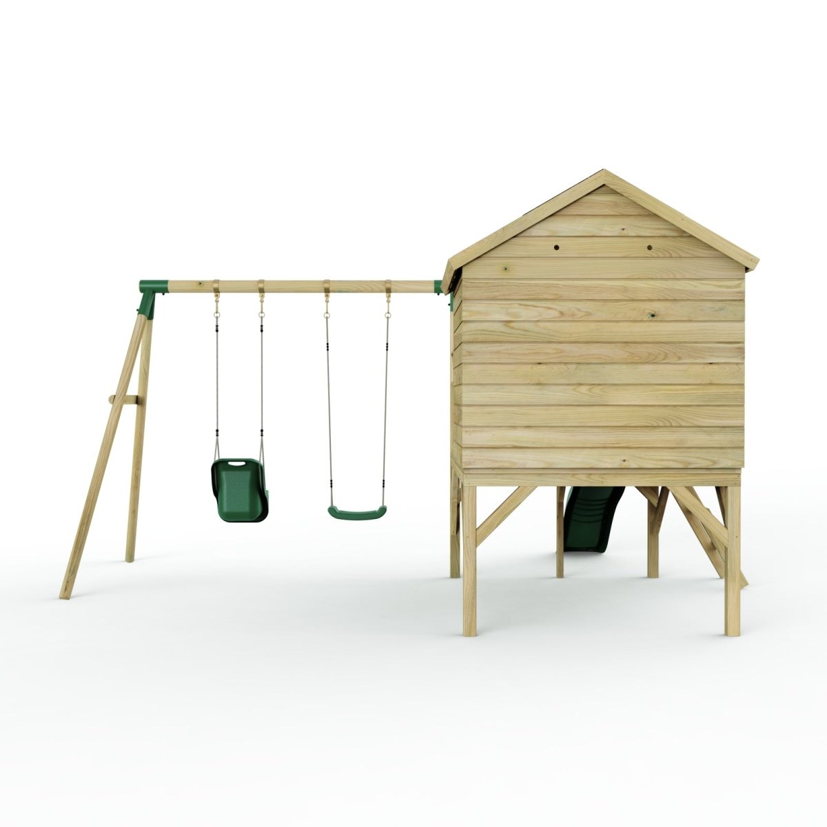Rebo Playhouse and Double Swing Set with Slide - Luna Green