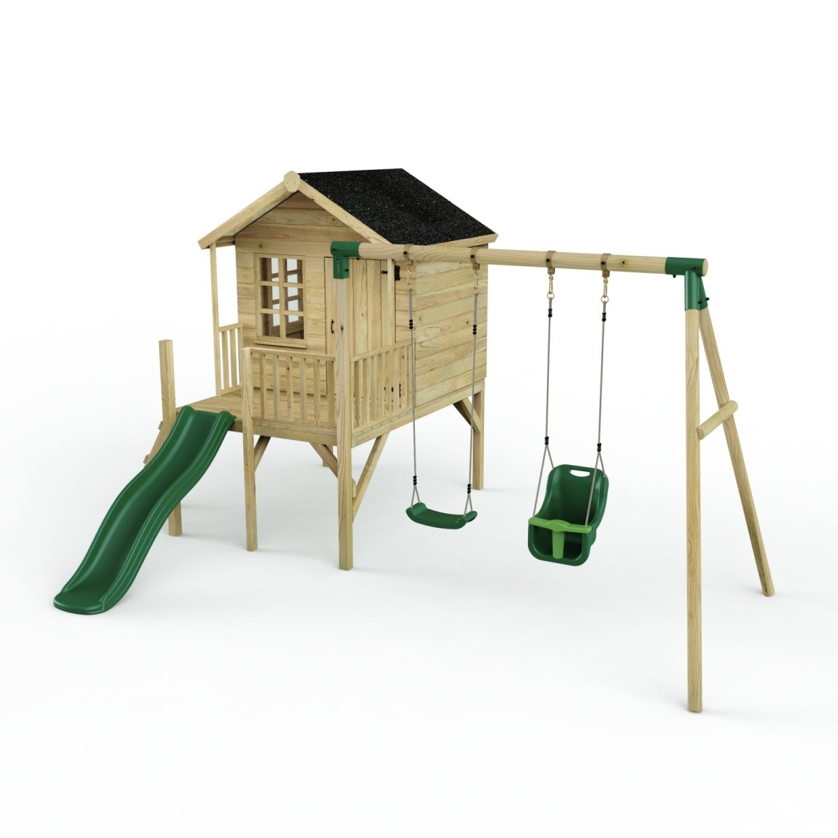 Rebo Playhouse and Double Swing Set with Slide - Luna Green