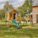 Rebo Playhouse and Single Swing Set with Climbing Wall and Slide - Solar Green