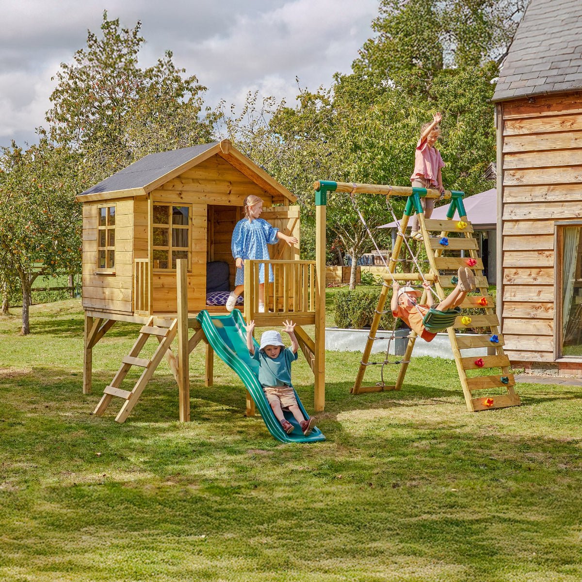 Rebo Playhouse and Single Swing Set with Climbing Wall and Slide - Solar Green