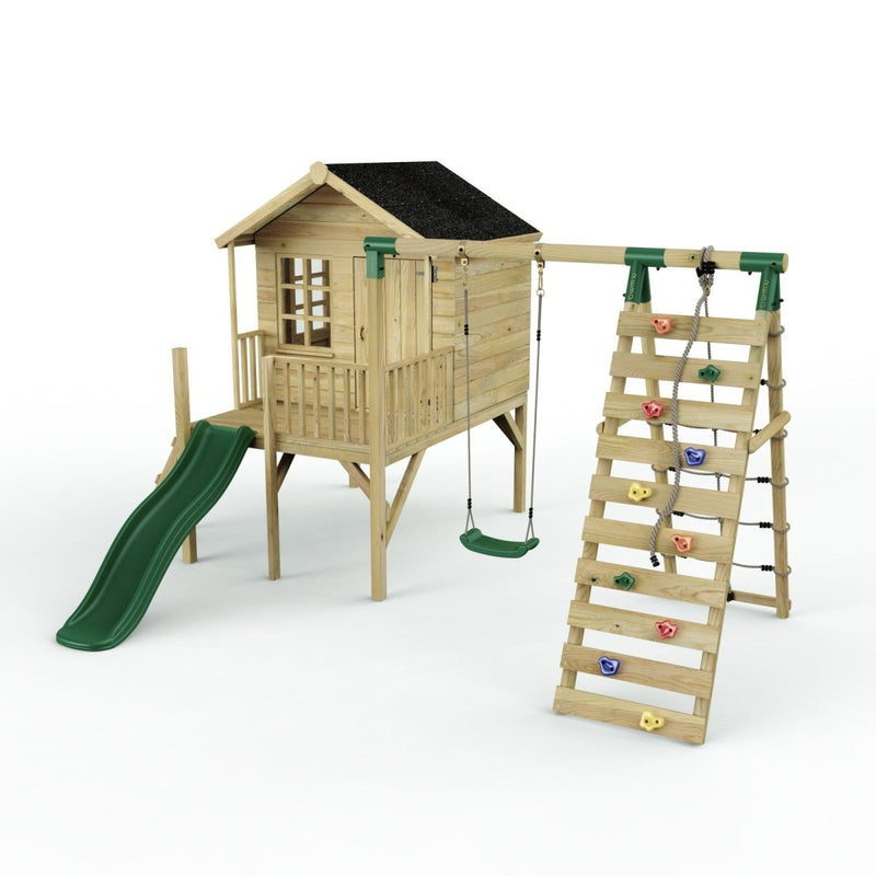 Rebo Playhouse and Single Swing Set with Climbing Wall and Slide