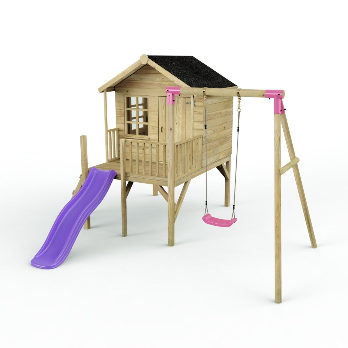 Rebo Playhouse and Single Swing Set with Slide - Solar Purple
