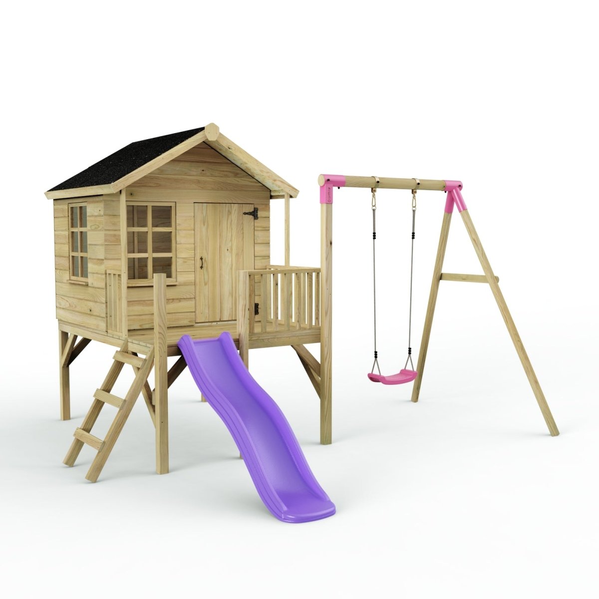 Rebo Playhouse and Single Swing Set with Slide - Solar Purple