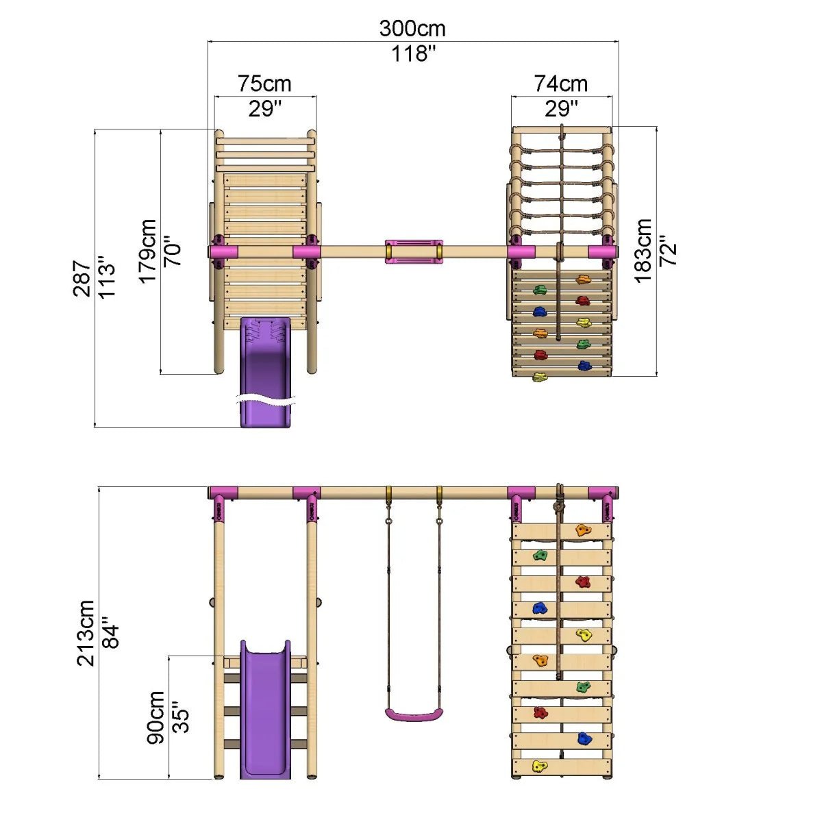 Rebo Single Swing Set with Climbing Wall and Slide - Amber Purple