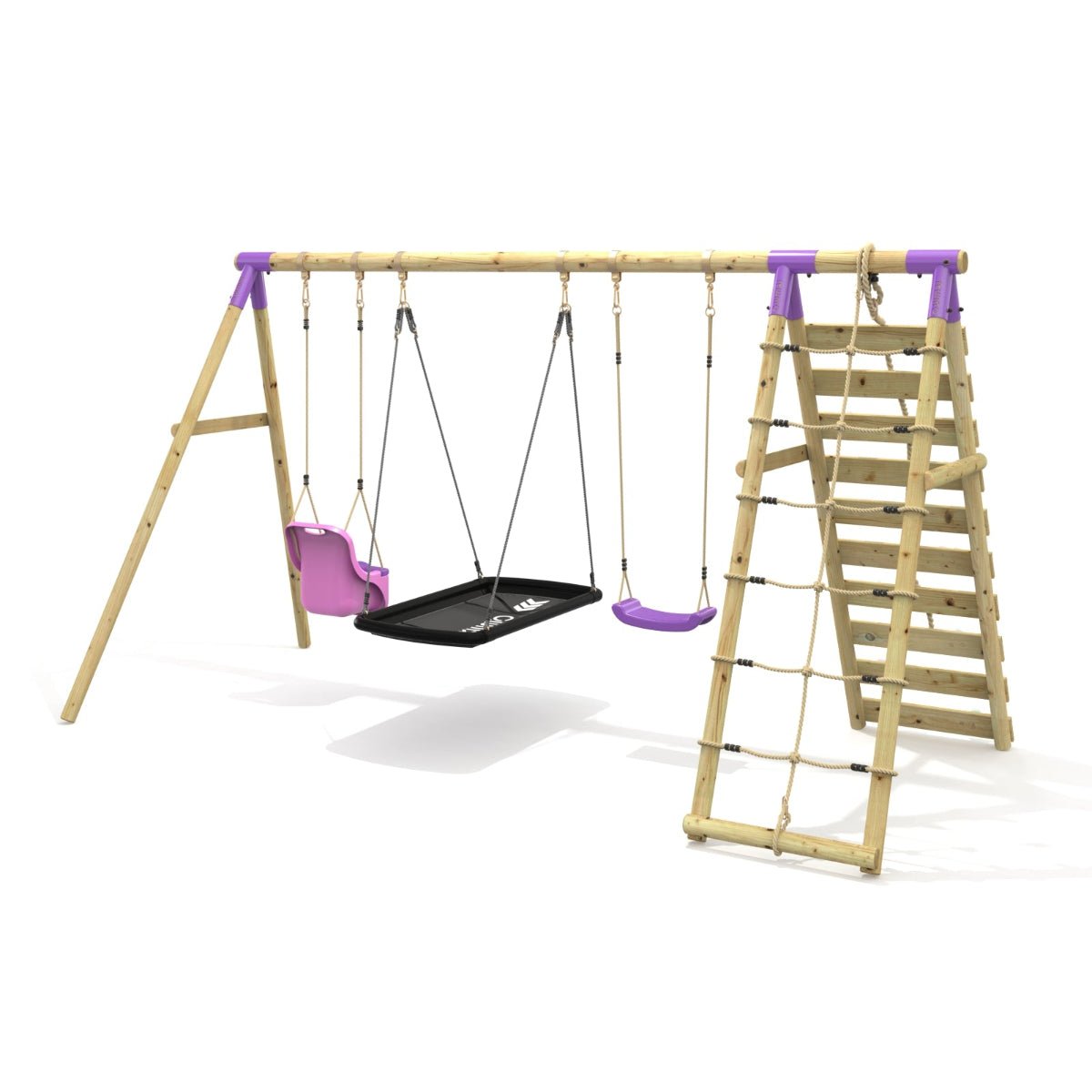 Rebo Triple Swing Set with Climbing Wall - Skye Purple