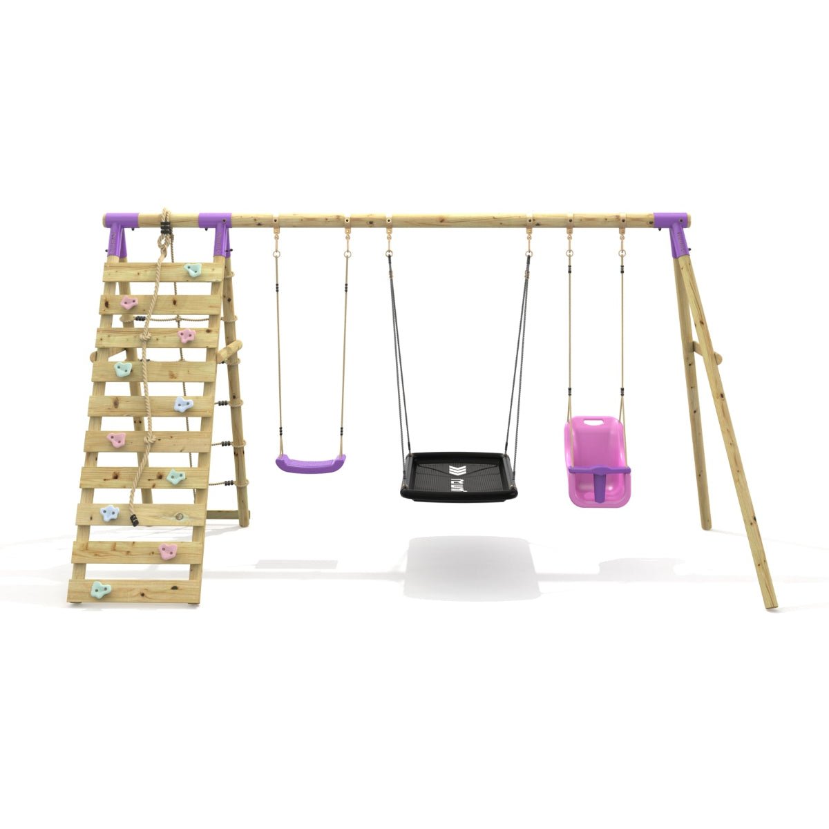 Rebo Triple Swing Set with Climbing Wall - Skye Purple