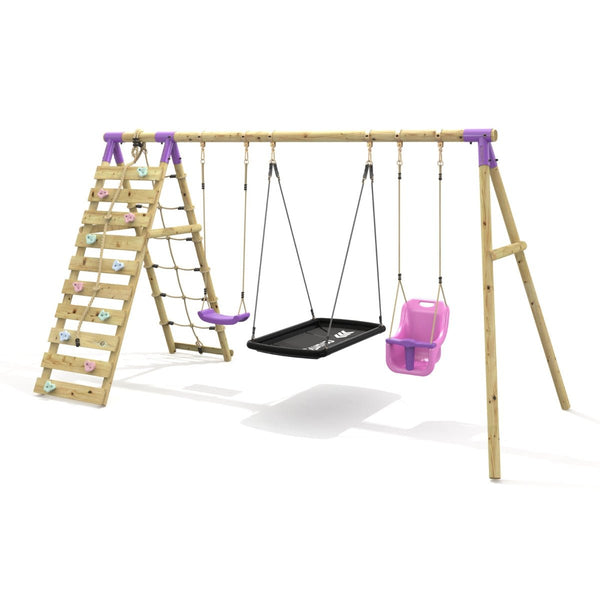 Rebo Triple Swing Set with Climbing Wall - Skye Purple