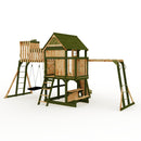 Rebo Wildwood Haven Tower Playhouse with Double Swing, Monkey Bars, Climbing Wall and Wave Slide