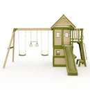 Rebo Wildwood Hideaway Tower Playhouse with Triple Swing, Climbing Wall and Wave Slide