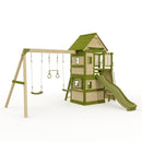 Rebo Wildwood Hideaway Tower Playhouse with Triple Swing, Climbing Wall and Wave Slide