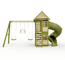 Rebo Wildwood Twist Tower Playhouse with Triple Swing and Spiral Slide