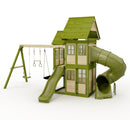 Rebo Wildwood Warren Tower Playhouse with Triple Swing, Wave Slide and Spiral Slide