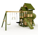 Rebo Wildwood Warren Tower Playhouse with Triple Swing, Wave Slide and Spiral Slide