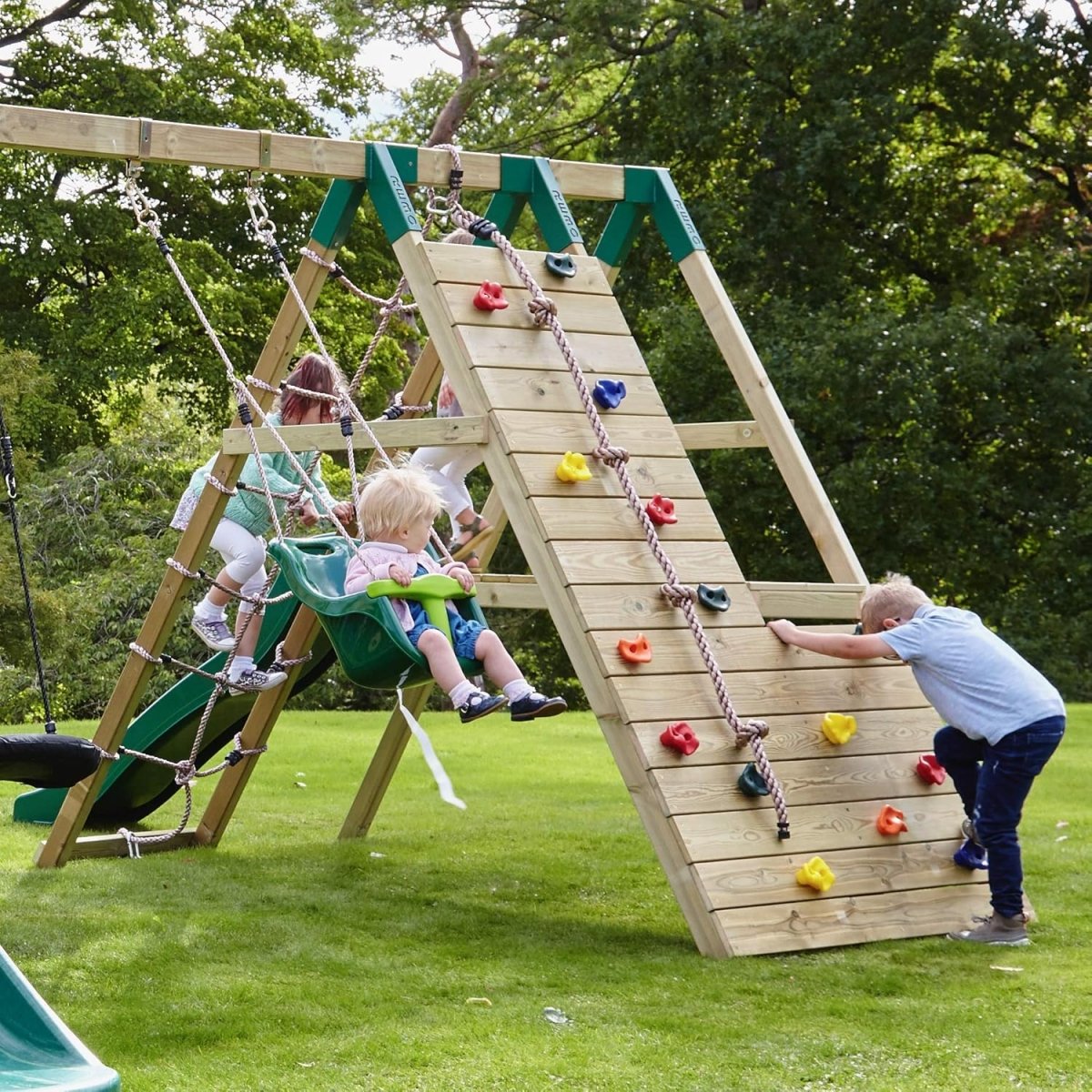Rebo Wooden Climbing Frame with Swings, 2 Slides, Up & over Climbing wall and Monkey Bars - Cairngorm