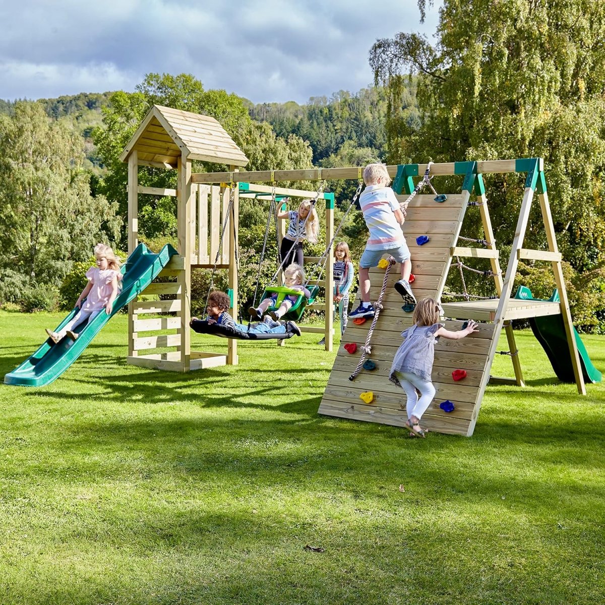 Rebo Wooden Climbing Frame with Swings, 2 Slides, Up & over Climbing wall and Monkey Bars - Cairngorm