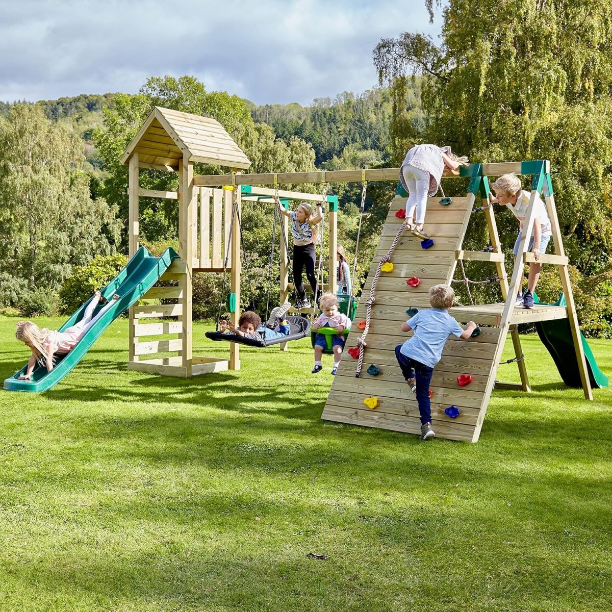 Rebo Wooden Climbing Frame with Swings, 2 Slides, Up & over Climbing wall and Monkey Bars - Cairngorm