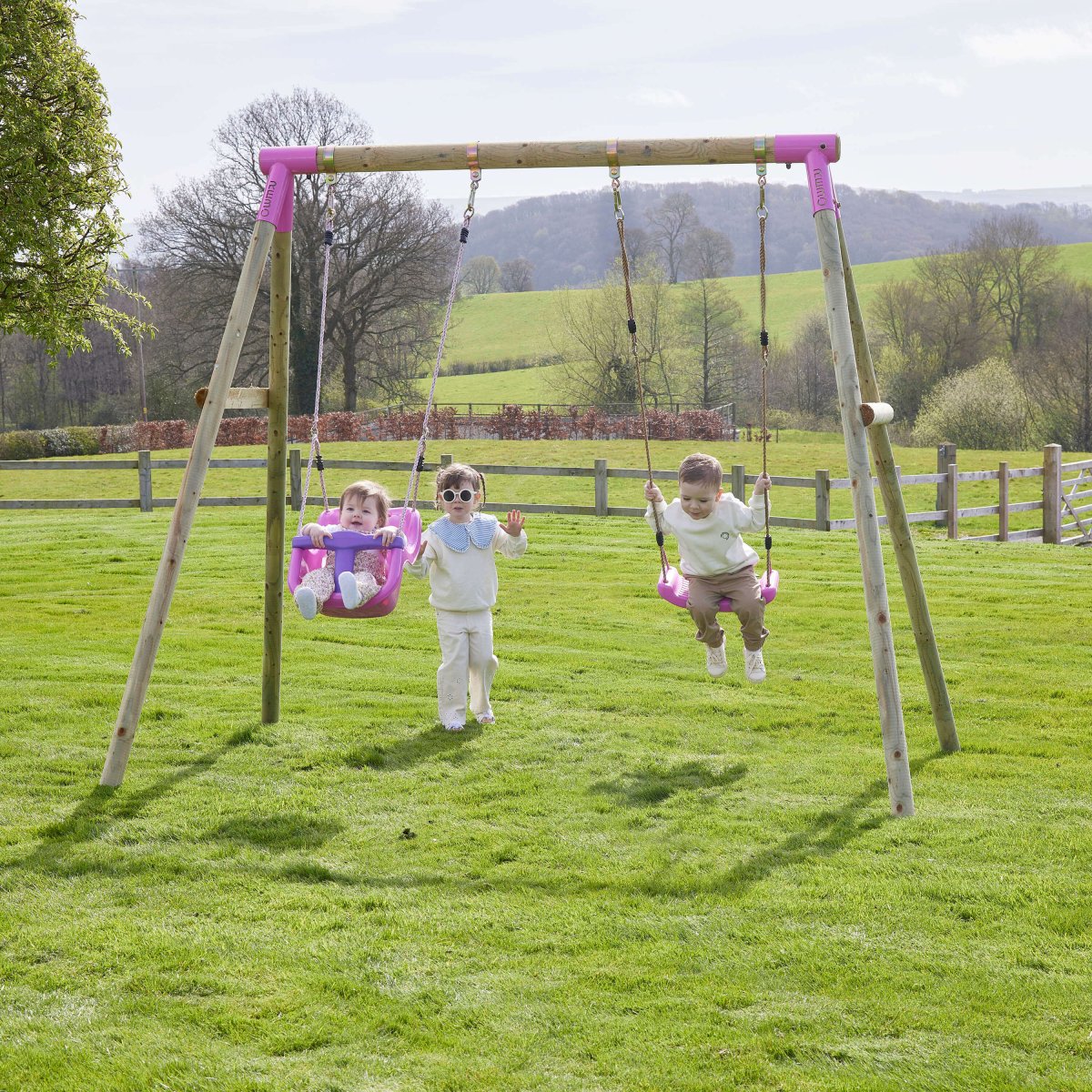 Rebo Wooden Garden Double Swing Sets - Luna Pink