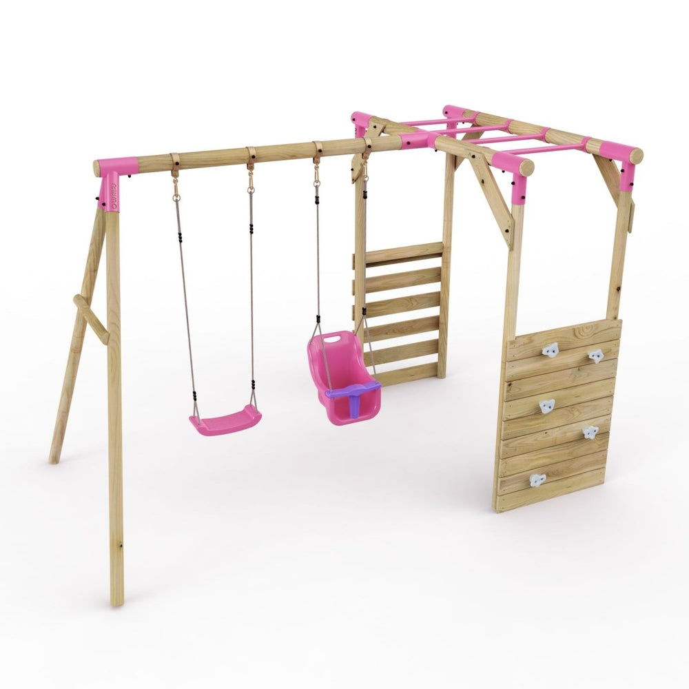 Rebo Wooden Garden Swing Set with Monkey Bars - Luna Pink