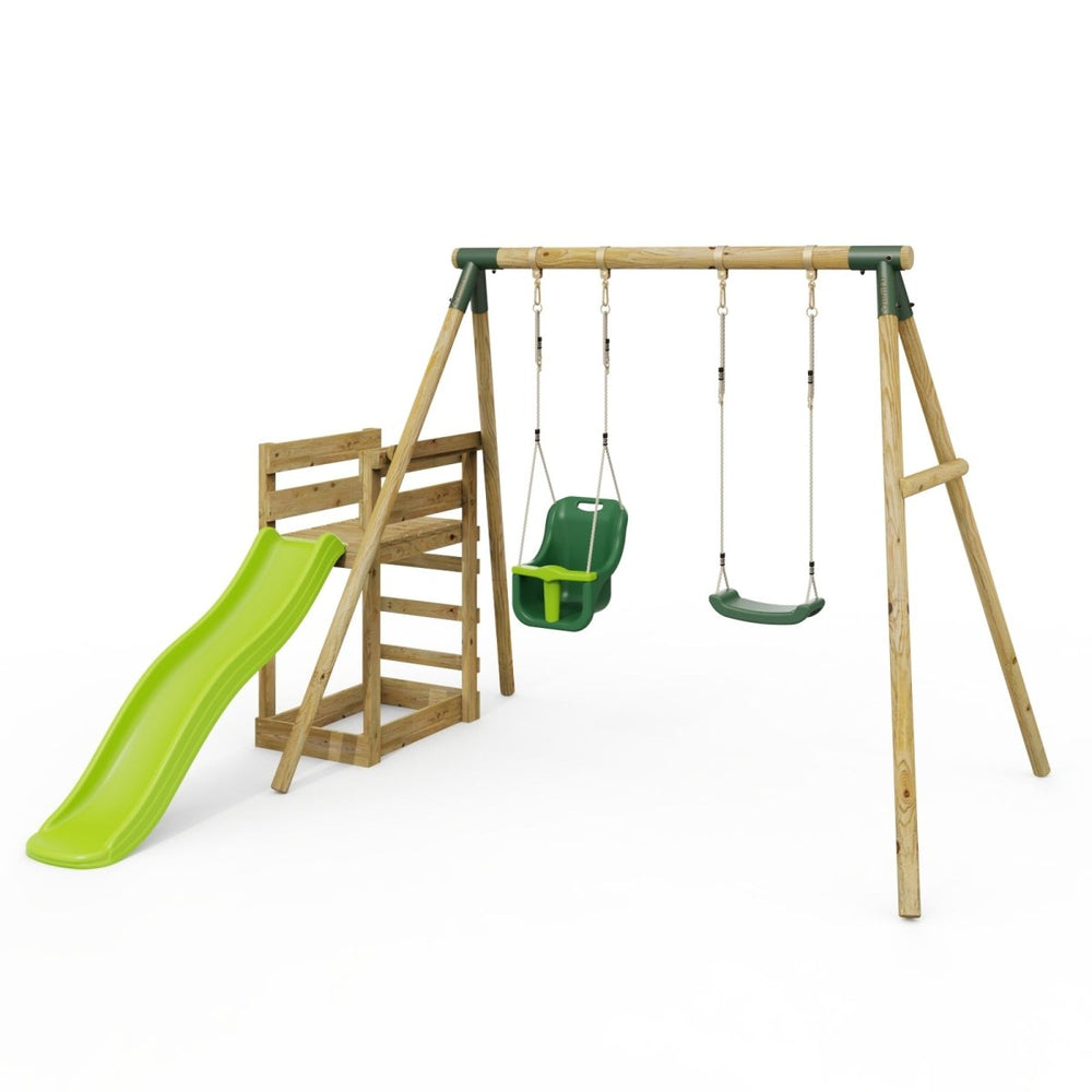Rebo Wooden Swing Set plus Deck & Slide - Luna Green