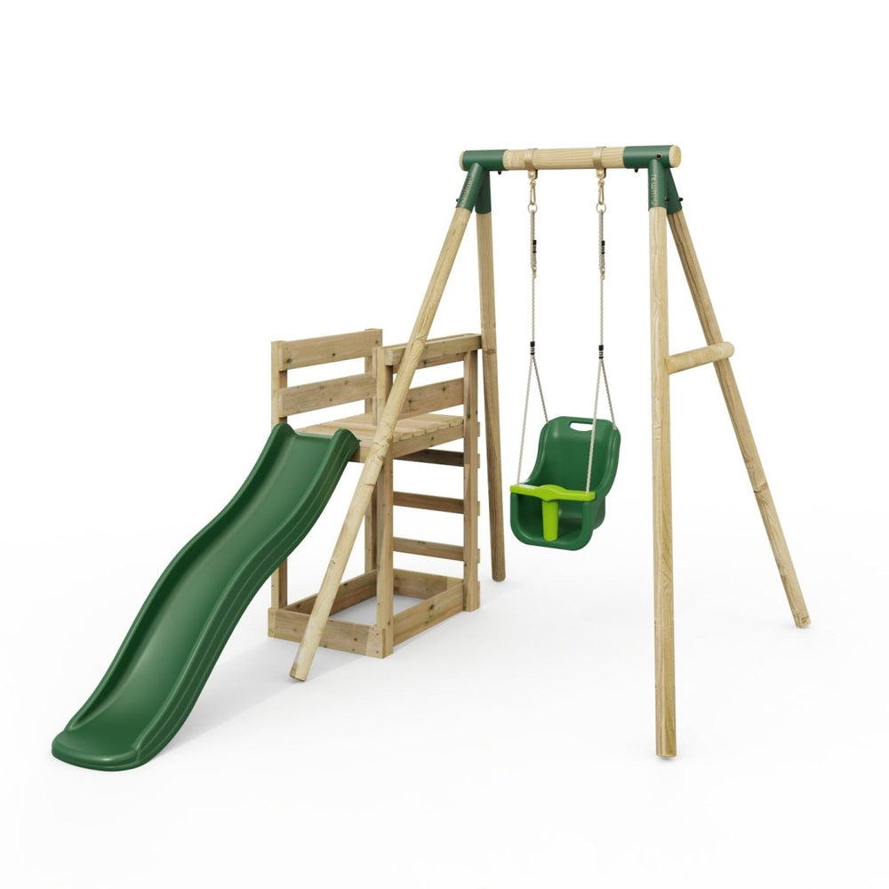 Rebo Wooden Swing Set plus Deck & Slide - Pluto Green