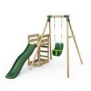 Rebo Wooden Swing Set plus Deck & Slide - Pluto Green