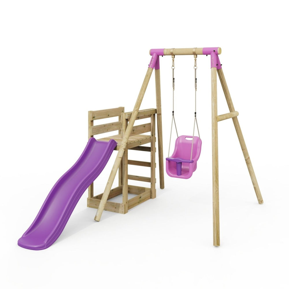 Rebo Wooden Swing Set plus Deck & Slide - Pluto Pink