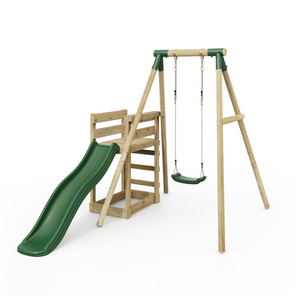 Rebo Wooden Swing Set plus Deck & Slide - Solar Green