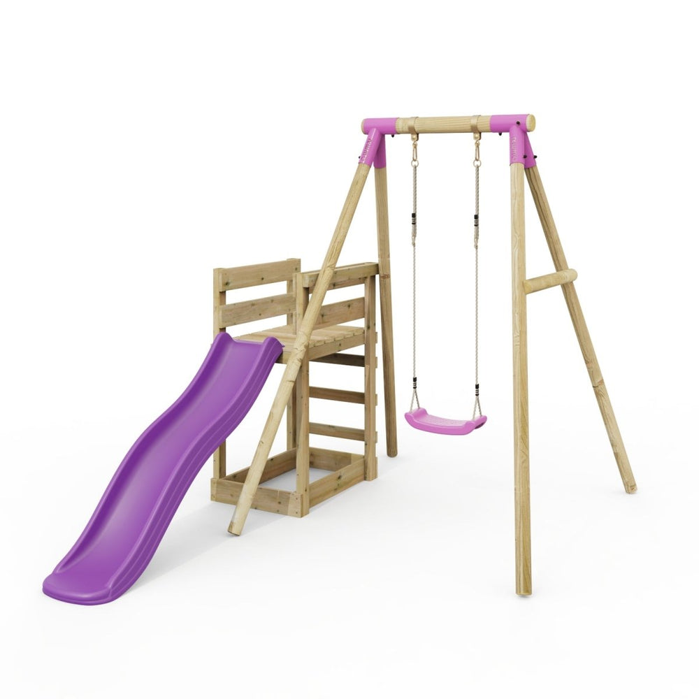 Rebo Wooden Swing Set plus Deck & Slide - Solar Pink