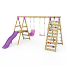 Rebo Wooden Swing Set with Deck and Slide plus Up and Over Climbing Wall - Moonstone