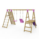 Rebo Wooden Swing Set with Deck and Slide plus Up and Over Climbing Wall - Moonstone