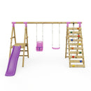 Rebo Wooden Swing Set with Deck and Slide plus Up and Over Climbing Wall - Moonstone
