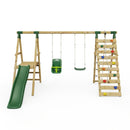 Rebo Wooden Swing Set with Deck and Slide plus Up and Over Climbing Wall - Moonstone Green