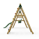 Rebo Wooden Swing Set with Deck and Slide plus Up and Over Climbing Wall - Moonstone Green