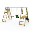 Rebo Wooden Swing Set with Deck and Slide plus Up and Over Climbing Wall - Moonstone Green