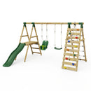 Rebo Wooden Swing Set with Deck and Slide plus Up and Over Climbing Wall - Moonstone Green