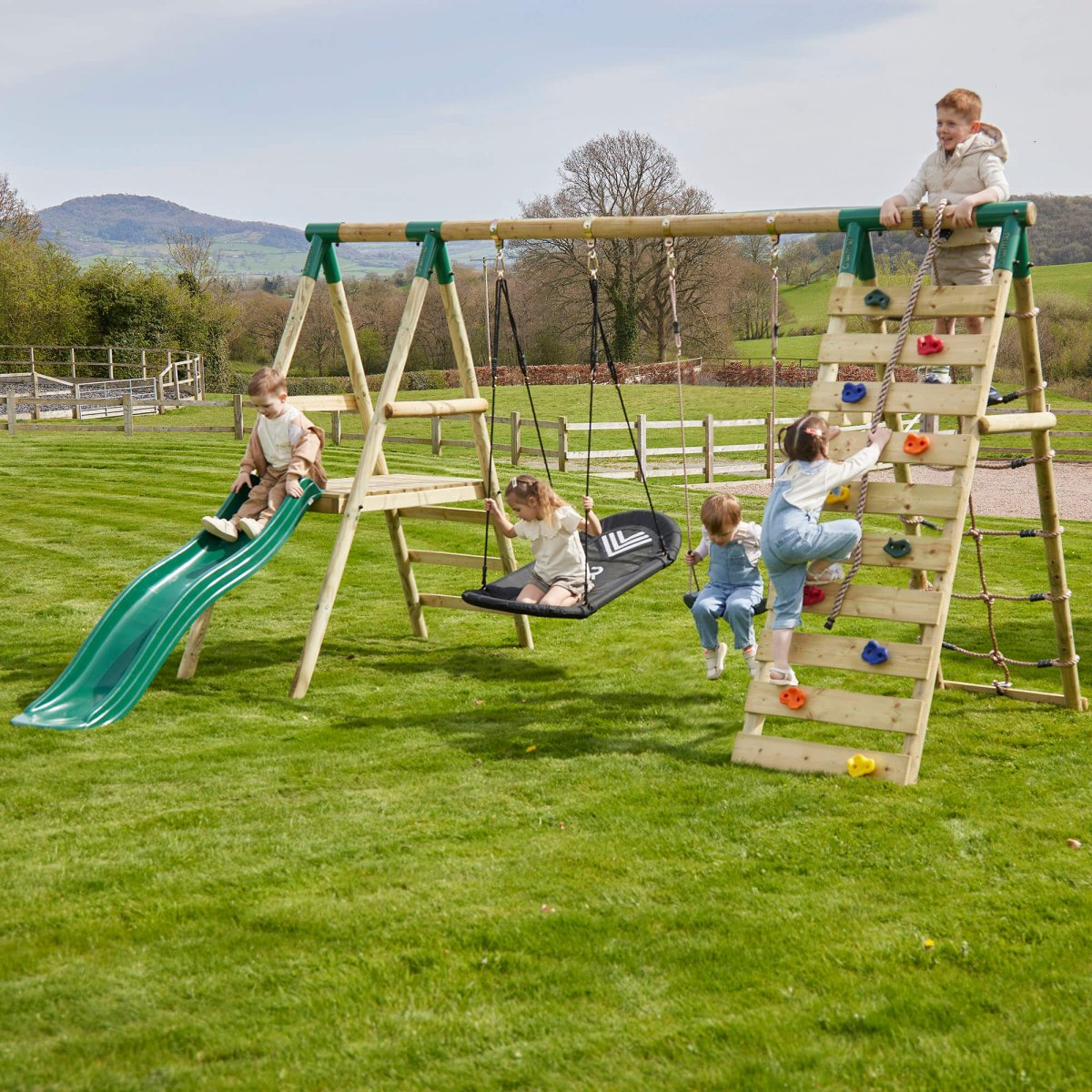 Rebo Wooden Swing Set with Deck and Slide plus Up and Over Climbing Wall - Quartz Green