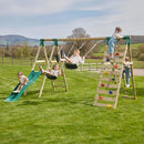 Rebo Wooden Swing Set with Deck, Slide & Climbing Wall - Jade Green