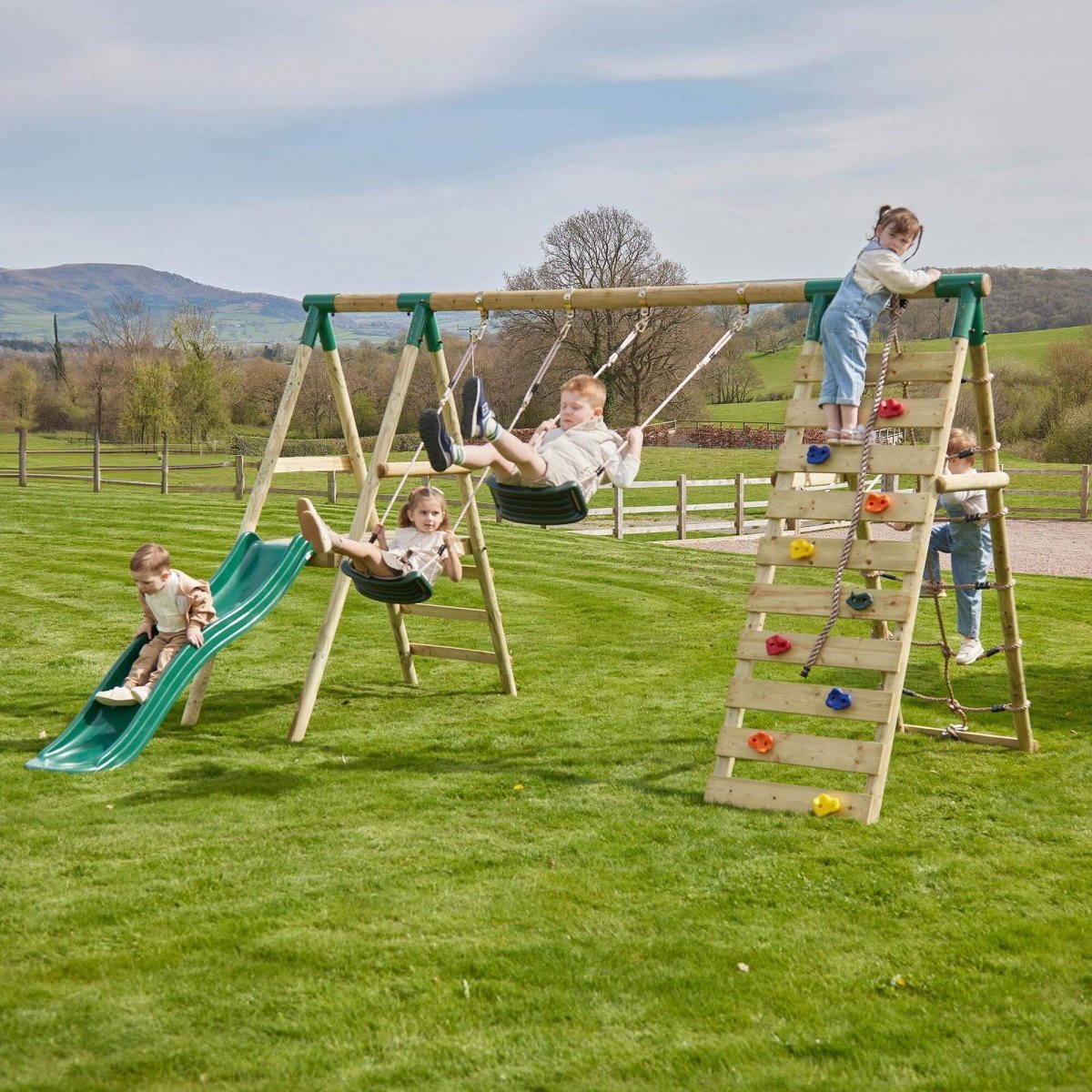 Rebo Wooden Swing Set with Deck, Slide & Climbing Wall - Jade Green