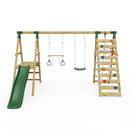 Rebo Wooden Swing Set with Deck, Slide & Climbing Wall - Jasper Green