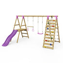 Rebo Wooden Swing Set with Deck, Slide & Climbing Wall - Jasper Pink