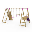 Rebo Wooden Swing Set with Deck, Slide & Climbing Wall - Jasper Pink