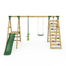 Rebo Wooden Swing Set with Deck, Slide & Climbing Wall - Obsidian Green