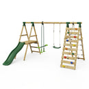 Rebo Wooden Swing Set with Deck, Slide & Climbing Wall - Obsidian Green