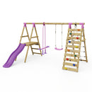 Rebo Wooden Swing Set with Deck, Slide & Climbing Wall - Obsidian Pink
